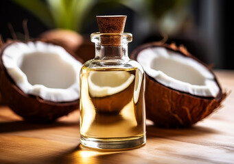 Obraz na płótnie Canvas Coconut palm oil in a bottle with coconuts on brown background. Aromatherapy, AI Generated