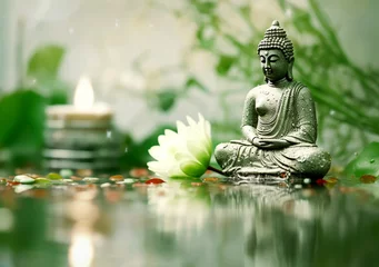 Foto op Plexiglas Buddha statue water lotus Buddha near lotus flower on green background © YuliiaMazurkevych