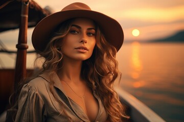 Beautiful girl on a yacht, bronze tan and golden sunset