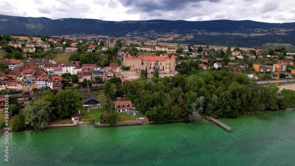 Wall mural Switzerland travel and landmarks. Lake Neuchatel, aerial drone view of  Grandson historic town and medieval  castle. Canton Vaud