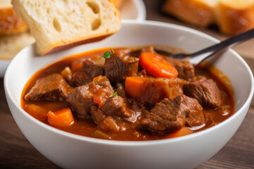 A piping hot goulash, filled with tender beef, carrots, and onions, is served in a white ceramic bowl alongside a slice of crusty bread