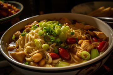 A steaming bowl of Kung Pao chicken noodle soup with egg noodles, scallions, and sprouts, showcasing the savory and flavorful delight of traditional Chinese cuisine