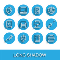 Set line Hairbrush, Portrait picture in museum, Gem stone, Big full length mirror, Book, Armchair, Medieval sword and Table lamp icon. Vector