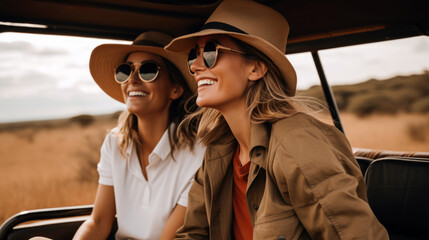 lesbian couple mid age women smiling in a safari vehicle. Wildlife adventure   - obrazy, fototapety, plakaty