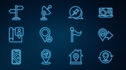Set line Map pin, Location with house, Push, Folded map location marker, Road traffic sign, Flag and Radar icon. Vector