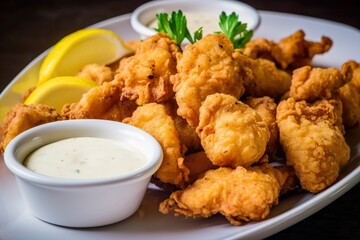 Enjoy some delicious crispy fried catfish nuggets served with a zesty lemon aioli on the side, perfect for dipping - obrazy, fototapety, plakaty