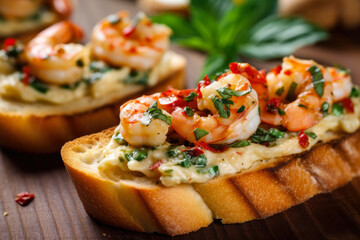 A delectable combination of creamy shrimp scampi sauce, sun-dried tomatoes, and basil, all served on grilled baguette slices