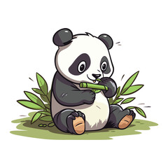 Cute Panda eating bamboo cartoon simple illustration vector template