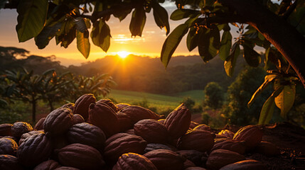 A shot of a cocoa bean plantation at sunset, highlighting the origins of chocolate's main ingredient  - obrazy, fototapety, plakaty