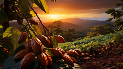 A shot of a cocoa bean plantation at sunset, highlighting the origins of chocolate's main ingredient  - obrazy, fototapety, plakaty