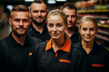 Fototapeta premium Advertising portrait shot of a supermarket staff team standing together in a supermarket and they look at the camera. Generative Ai