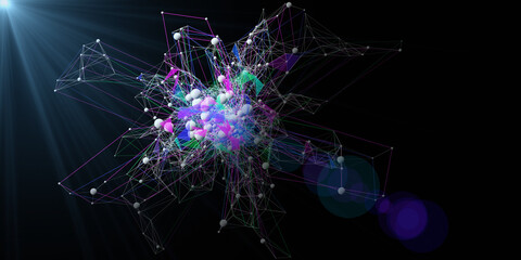 Abstract  background contain color chaotic web  grid and spheres in spot. Big Data. Technology  wireframe interlacement concept in virtual space. 