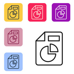 Black line Document with graph chart icon isolated on white background. Report text file icon. Accounting sign. Audit, analysis, planning. Set icons in color square buttons. Vector