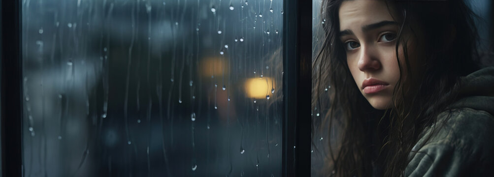 Portrait of a young girl with a sad and depressed expression looking out the window with raindrops on the glass, copy space. Created using Generative AI technology.