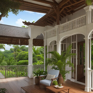 tropical garden with a balcony Ai generative 8K wallpaper Stock Photographic Image