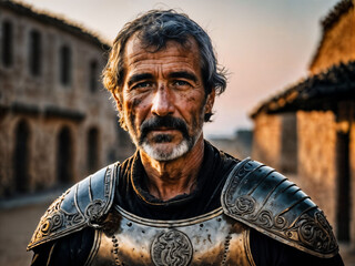 photo of strong ancient senior male warrior with roman armor stained, generative AI - obrazy, fototapety, plakaty