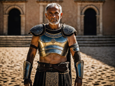 photo of strong ancient senior male warrior with roman armor stained, generative AI