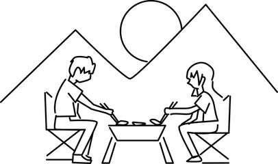 焼肉・バーベキューのアウトドアイメージ線画イラスト
