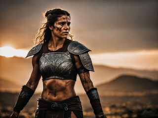 photo of ancient barbarian female warrior stained , generative AI