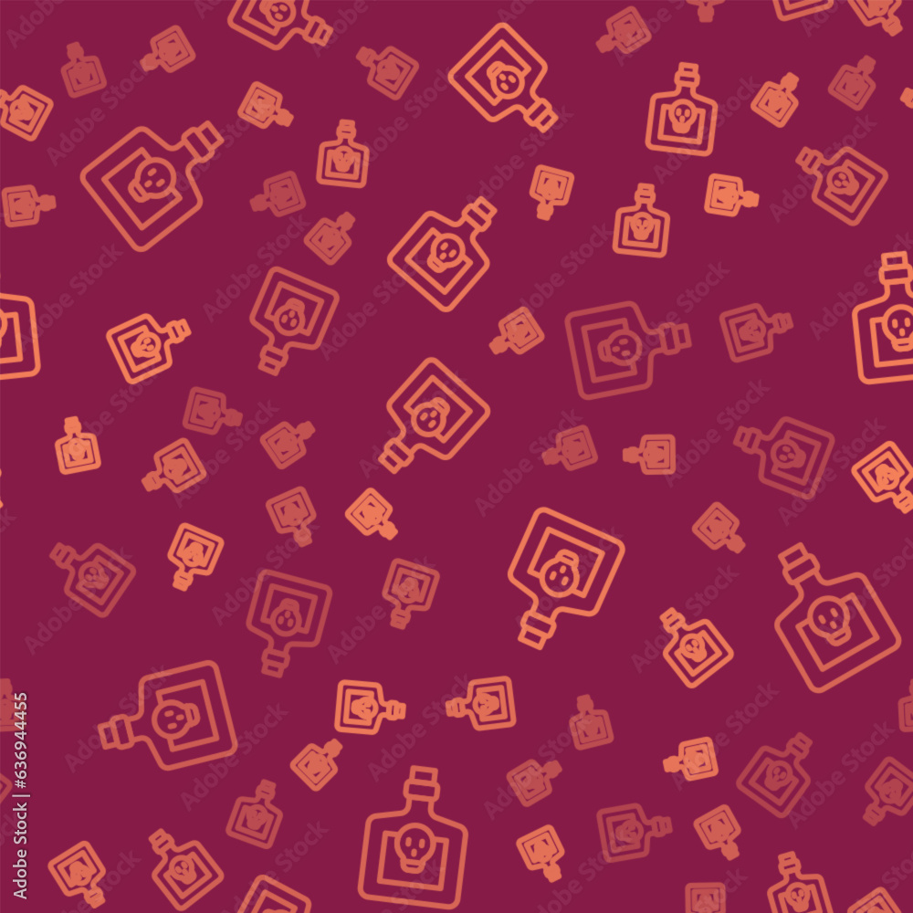 Poster brown line bottle with potion icon isolated seamless pattern on red background. flask with magic pot