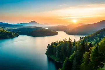 Fotobehang sunrise over the lake Background AI Generated © Creative