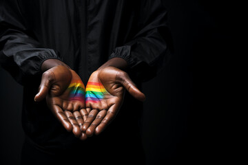 The hands of a person of color with rainbow colors on them before a black background 