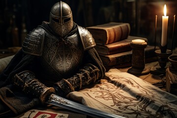 A collection of images showcasing authentic artifacts from the Knights Templar era, such as swords, armor, and ancient manuscripts. Generative Ai - obrazy, fototapety, plakaty