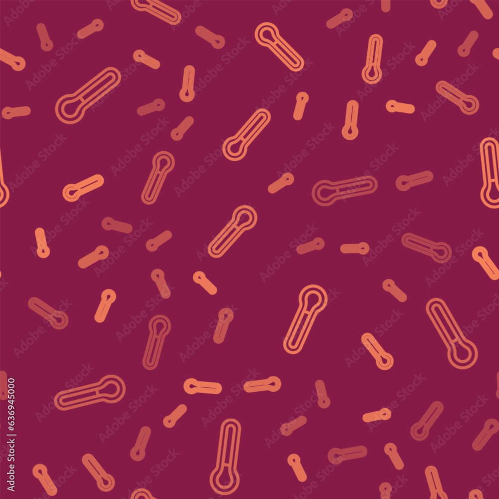 Poster brown line meteorology thermometer measuring icon isolated seamless pattern on red background. therm
