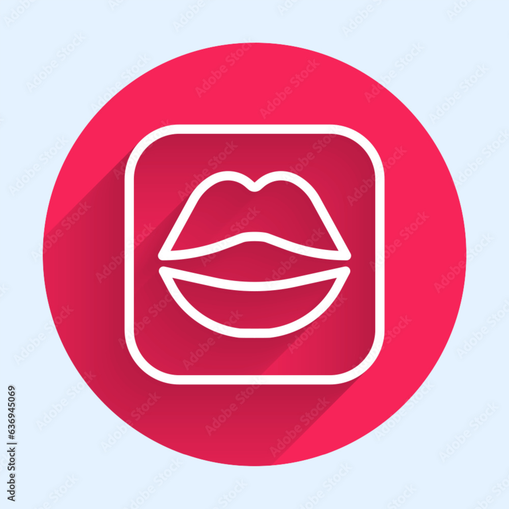 Poster white line smiling lips icon isolated with long shadow background. smile symbol. red circle button. 