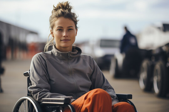 Portrait of young caucasian female athlete in sportswear with disability sitting on wheelchair and looking at camera