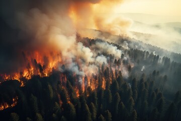 Fototapeta na wymiar Wildfire on the mountain during the day