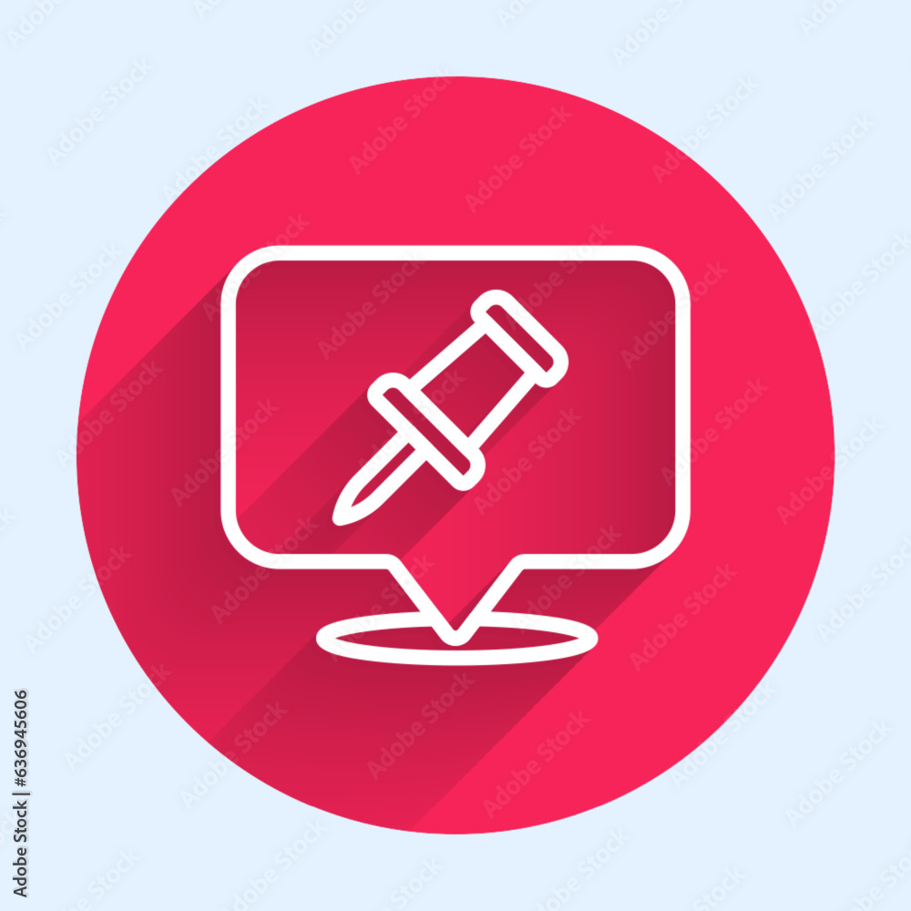 Poster white line push pin icon isolated with long shadow background. thumbtacks sign. red circle button. v