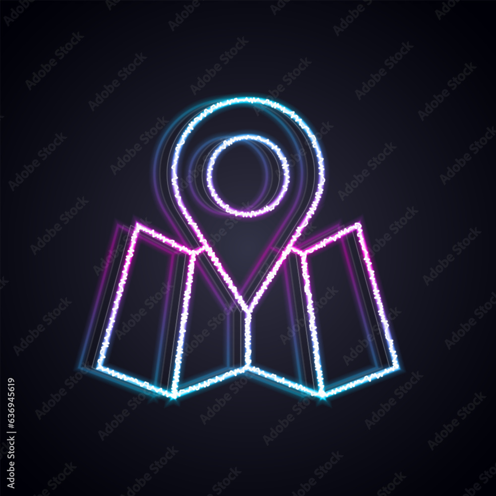 Poster glowing neon line folded map with location marker icon isolated on black background. vector
