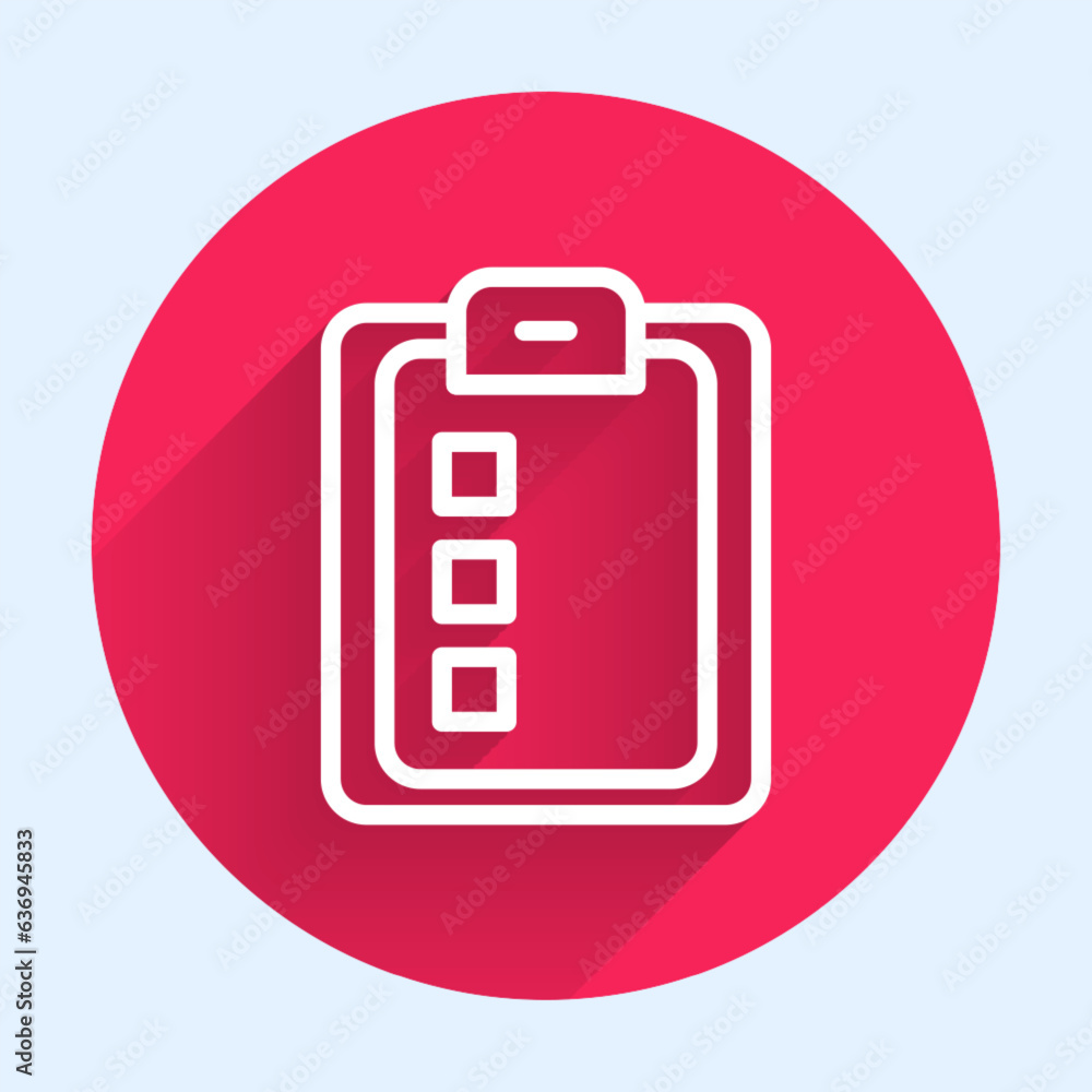 Poster white line online quiz, test, survey or checklist icon isolated with long shadow background. exam li