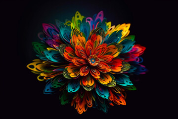 Psychedelic colorful abstract paper flower on black background