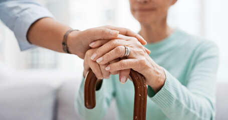 Senior woman, walking cane and holding hands of nurse with healthcare support for retirement....