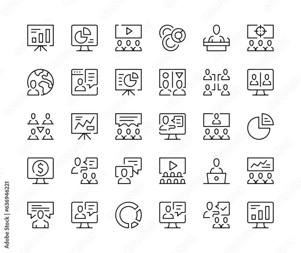 Aufkleber presentation tools icons. vector line icons set. training concepts. black outline stroke symbols