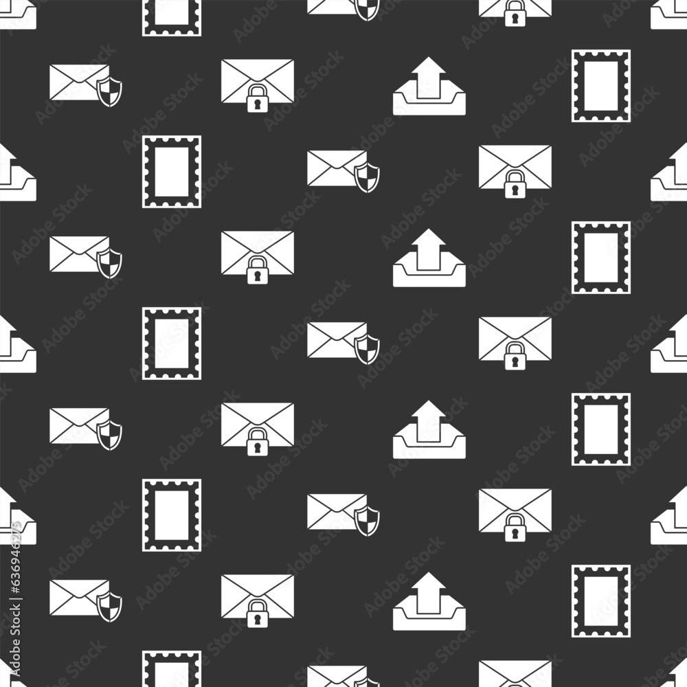 Poster set upload inbox, postal stamp, envelope with shield and mail message lock password on seamless patt