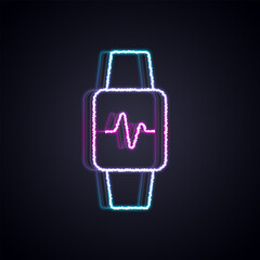 Glowing neon line Smart watch showing heart beat rate icon isolated on black background. Fitness App concept. Vector