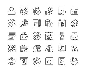British pound sterling icons. Vector line icons set. UK currency concepts. Black outline stroke symbols