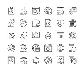 Time management icons. Vector line icons set. Time concepts. Black outline stroke symbols