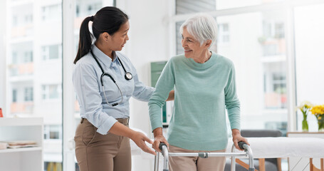 Rehabilitation, walker or doctor walking with old woman in retirement or hospital for wellness or...