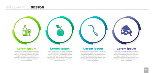 Set Wine bottle with glass, Apple, Sickle and Cheese. Business infographic template. Vector