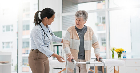Obraz premium Physical therapy, walker or doctor nursing old woman in retirement or hospital for wellness or support. Exercise, caregiver helping or elderly patient learning with walking frame in rehabilitation