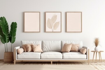 Beige sofa in the living room with white wall and three mock up posters