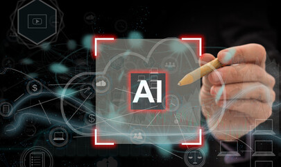 Visual effects. Future technology interface.Working with future technology called A.I. Artificial Intelligence and process analytical thinking to increase efficiency to achieve results of success.