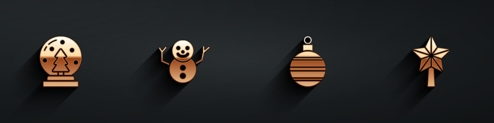 Set Christmas snow globe, snowman, ball and star icon with long shadow. Vector