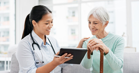 Talking, old woman or doctor with tablet for results, report or report history online in hospital...