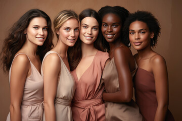 Obraz premium Group of beautiful women in evening dresses on wooden background, closeup. created by generative AI technology.