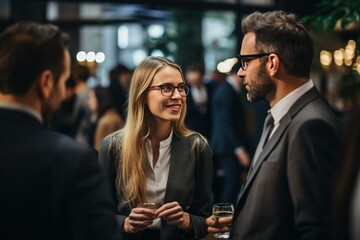 Young businesswoman with a glass of champagne standing in a cafe. created by generative AI technology.